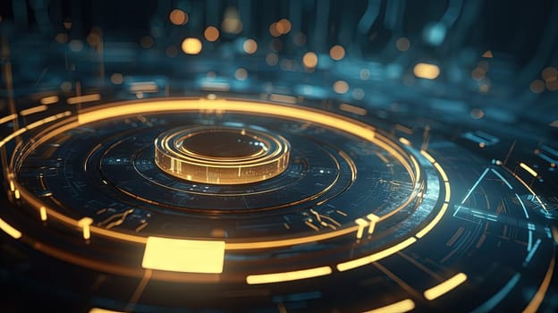 Technology abstract background with hud styled round interface elements in neon tech light. Generated AI