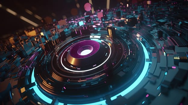 Technology abstract background with hud styled round interface elements in neon tech light. Generated AI