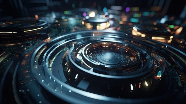 Technology abstract background with hud styled round interface elements in neon tech light. Generated AI