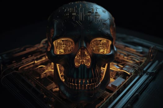 Realistic robot or cyborg skull with electric circuits and futuristic micro chips. Generated AI.