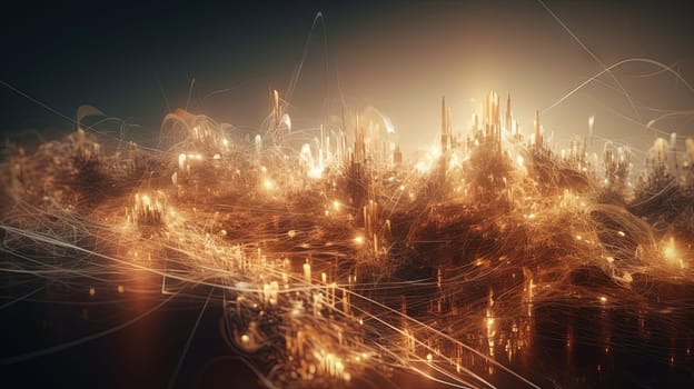 Abstract burst of wires and particles on technology background. Scientific abstraction with mess of microscopic connections. Generated AI