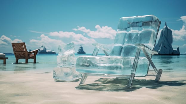 Ice chair on the beach, refreshing concept. Vacation on the hot shore with cold chair. Generated AI