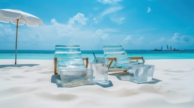 Couple of ice deck chairs on the beach, refreshing concept. Vacation on the hot shore with cold chairs. Generated AI
