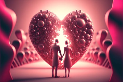 Valentine's Day scene with 3D couple and heart on the background. Surreal landscape with heart-shaped figure in vibrant dreamy colors. Generated AI.