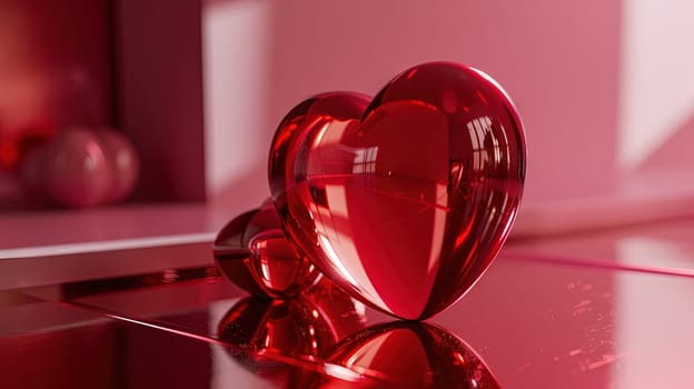 Red glass 3D heart with soft pink light reflections for Valentine's Day greetings. Generated AI.