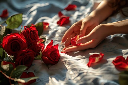 Romantic scene with woman hands holding roses. Generated AI
