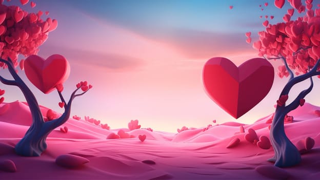 Valentine Day greeting card with surreal romantic landscape full of hearts. Generated AI