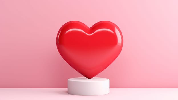 Valentine's Day card with shiny 3D heart in pink studio room. Generated AI.