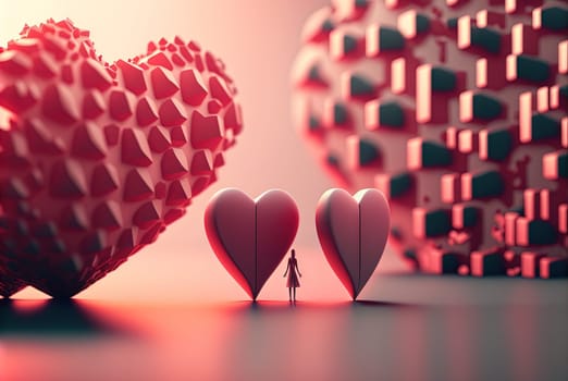 Surreal composition with abstract hearts and miniature figure in vibrant pink tones. Generated AI.