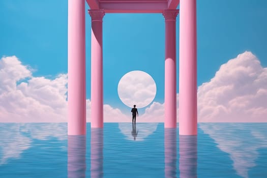 Surreal vaporwave landscape with abstract architecture elements on the water. Dreamy landscape. Generated AI