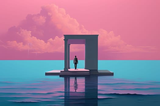 Surreal vaporwave landscape with abstract architecture elements on the water. Dreamy landscape. Generated AI