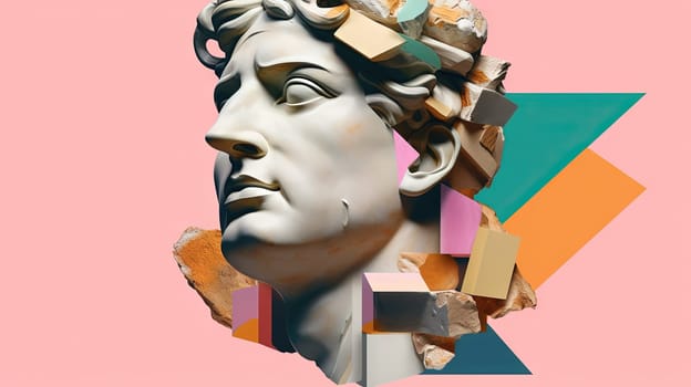 Ancient man statue in vaporwave or y2k aesthetics. Antic bust in modern 3D scene. Generated AI