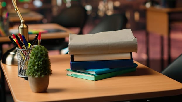 Old fashioned library desks with historic charm and beautiful decorations, study area creating vintage aesthetics. Sophisticated and peaceful environment for learning and wisdom.