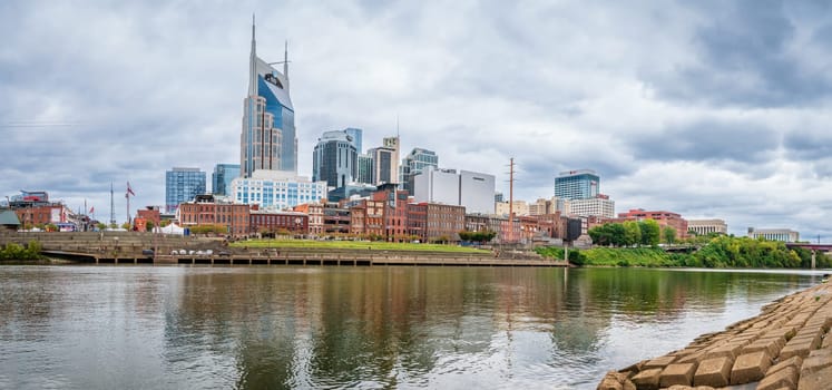 October 13, 2023, Nashville,  TN: Panoramic view of Nashville, Tennessee skyline, and the Cumberland River