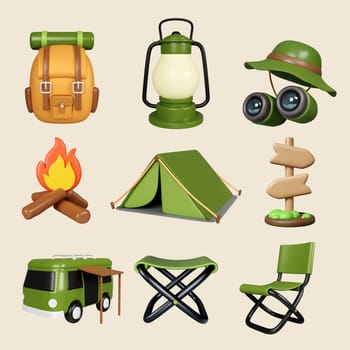 A vibrant 3D render illustration showcasing essential camping gear including a backpack, tent, lantern, campfire, and binoculars.