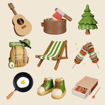 A visually appealing 3D render illustration depicting camping adventures with a guitar, campfire, camping chair, and delicious meals.