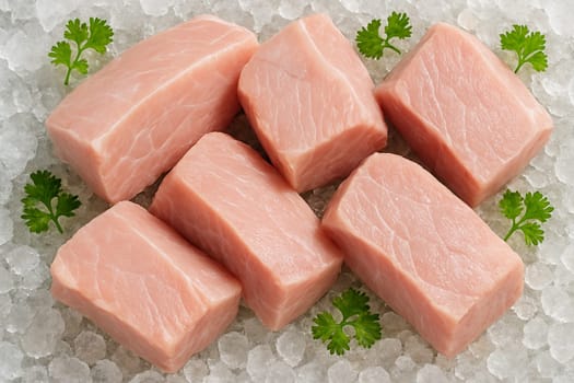 AI generated top view of fresh raw pork cuts on crushed ice with green herbs under daylight showing cleanliness tenderness and delicious appeal in a cold and bright environment