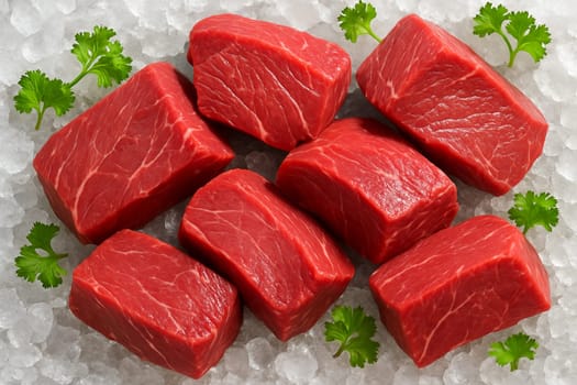 AI generated top view of fresh beef cuts on ice with herbs in daylight showing freshness cleanliness and appetizing texture with cold atmosphere and crystal ice highlights