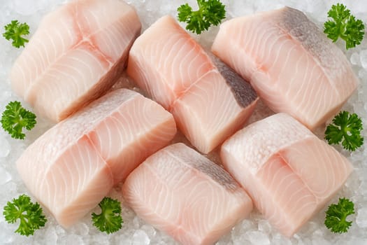AI generated fresh snapper fillets on crushed ice captured from top view with bright daylight tone and garnished with green herbs highlighting freshness and culinary appeal