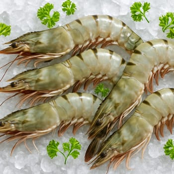 AI generated top view of raw tiger prawns on crushed ice with green garnish under daylight capturing freshness coolness and appetizing seafood presentation