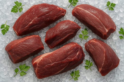 AI generated top view of raw wild boar meat cuts on crushed ice with green herbs in bright daylight showing freshness natural texture tenderness and a clean cold presentation
