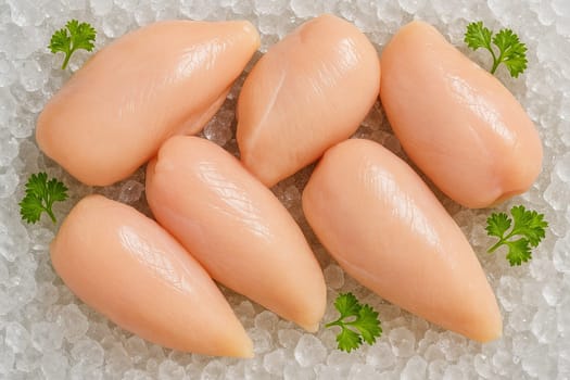 AI generated top view of raw chicken fillets on crushed ice with green herbs in bright daylight showcasing freshness cleanliness tenderness and inviting texture in a cool natural setup