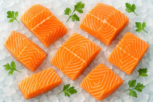 AI generated vibrant raw salmon fillets placed on crushed ice in top view with daylight showing natural freshness marbling contrast and cool atmosphere with scattered green herbs enhancing appeal