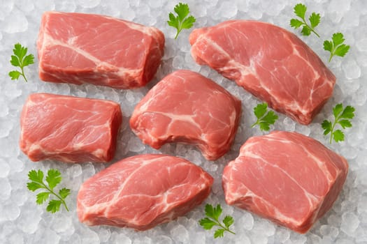 AI generated top view of raw goat meat cuts placed on crushed ice with green herbs in bright daylight capturing freshness natural appeal clean texture and appetizing cool presentation