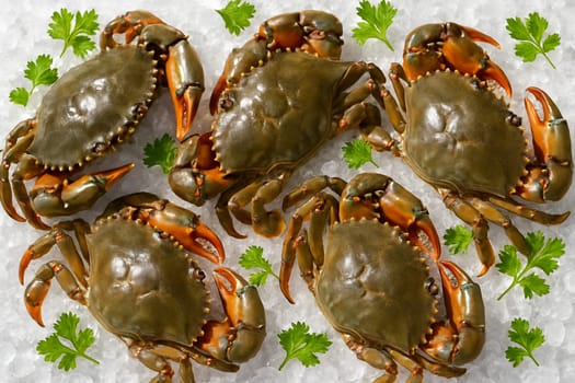 AI generated top view of fresh raw sea crabs on crushed ice with green herbs under daylight creating a sense of coldness cleanliness and seafood freshness