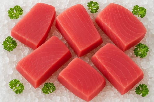 AI generated vibrant raw tuna cuts on crushed ice viewed from top with natural light showing freshness clarity and culinary appeal garnished with green herbs for visual contrast and appetite