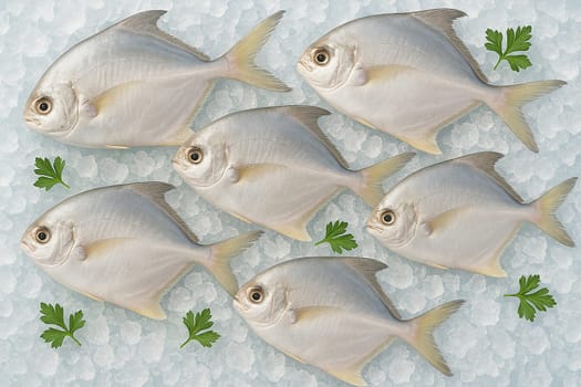 AI generated clean whole raw pomfret fish on crushed ice top view with bright daylight capturing freshness clarity coolness and culinary quality enhanced with scattered green herbs for appeal