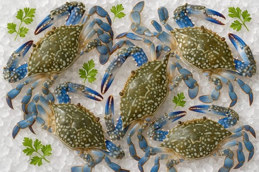 AI generated top view of raw blue swimmer crabs on crushed ice under daylight with green herbs conveying freshness cleanliness and the chill of premium seafood presentation