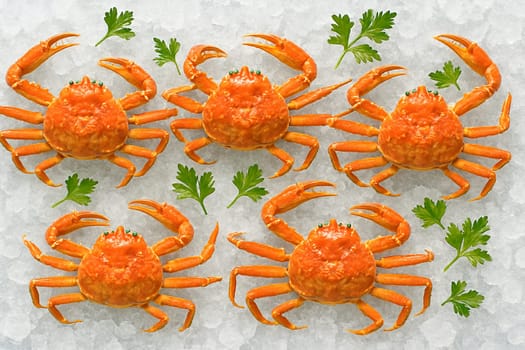 AI generated top view of raw snow crabs on crushed ice under bright daylight with green herbs showcasing freshness cleanliness and a chilled premium seafood presentation