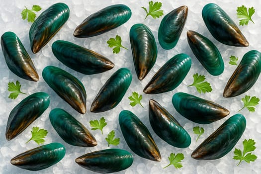 AI generated top view of fresh green mussels on crushed ice with green herbs in bright daylight capturing the essence of freshness cleanliness and gourmet seafood presentation