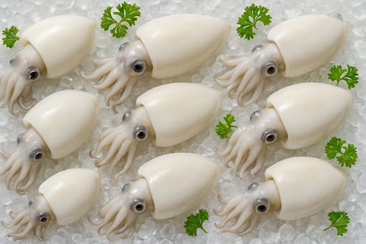 AI generated soft cuttlefish top view on crushed ice with fresh parsley in daylight showing clean texture freshness cool mood and high quality seafood ingredient for culinary visuals