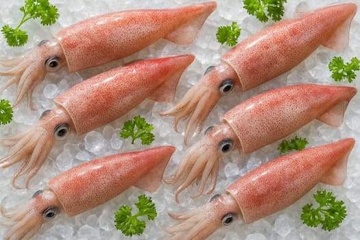 AI generated fresh splendid squid on crushed ice with green herbs top view in daylight atmosphere showing freshness clarity and seafood presentation for culinary and market themes