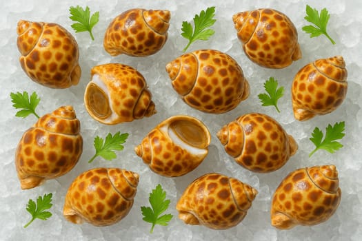 AI generated top view of fresh spotted babylon sea snails on crushed ice with green herbs in bright daylight showing freshness cleanliness and gourmet seafood appeal