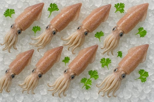 AI generated fresh beka squid top view on crushed ice with scattered parsley in daylight showing vibrant texture clarity and chilled atmosphere for culinary seafood freshness and presentation use