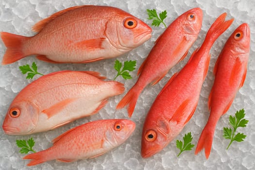 AI generated top view of various fresh red fish on crushed ice with green herbs highlighting seafood freshness texture and clean food preparation concept under daylight