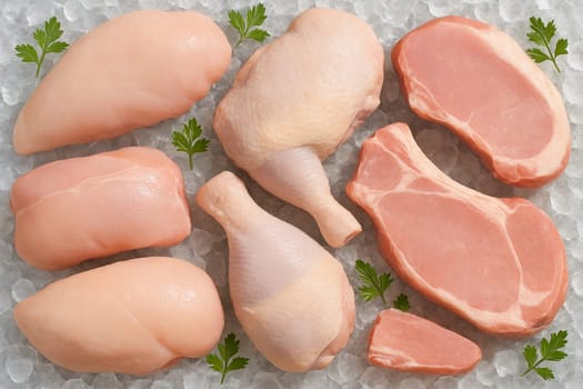 AI generated top view of raw chicken and pork cuts placed on crushed ice with fresh herbs under daylight highlighting freshness cleanliness and food preparation concept