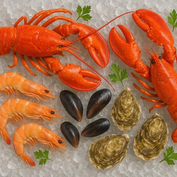 AI generated top view of various raw shellfish including lobster shrimp mussel and oyster on crushed ice with green herbs showing seafood freshness and culinary appeal