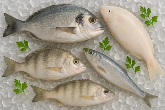 AI generated top view of assorted whole white fish on crushed ice with green herbs under daylight showing freshness cleanliness and seafood quality for culinary use
