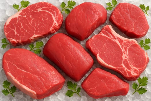 AI generated top view of assorted raw red meats on crushed ice garnished with green herbs under bright daylight for freshness concept