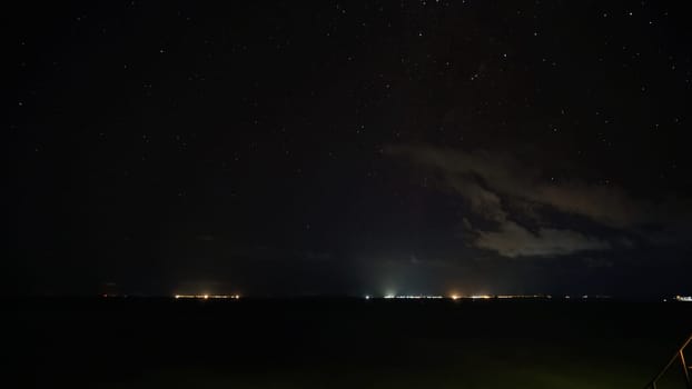 Breathtaking view of a starry night sky over a calm ocean, with the faint glow of distant city lights on the horizon creating a serene and magical atmosphere