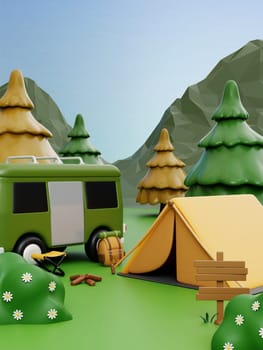 A vibrant 3D render illustration depicting a camping setup featuring a van, tent, and trees in a picturesque mountainous landscape.