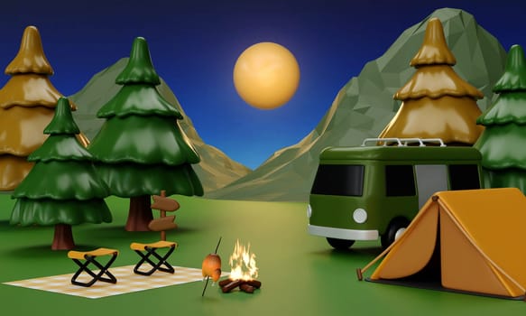 A colorful 3D render illustration depicting a camping exploration setting with a tent, camping gear, and a bright sun above.