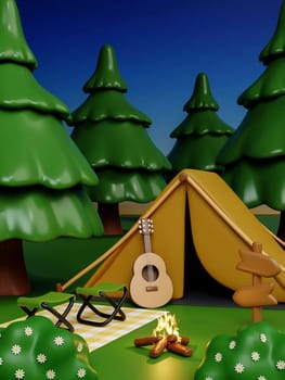 A delightful 3D render illustration of a camping scene featuring a tent, guitar, and trees, creating a cozy outdoor atmosphere.