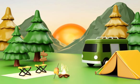 A lively 3D render illustration of a camping experience showing a tent, green van, and sunset backdrop in nature.
