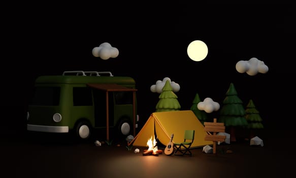 A charming 3D render illustration showcasing a camping scene with a van and tent illuminated by moonlight in a serene outdoor setting.