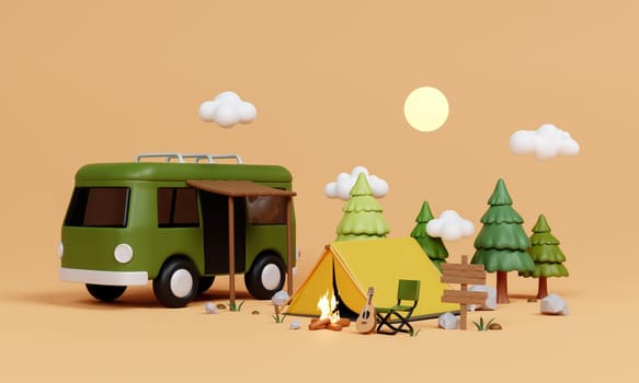 A colorful 3D render illustration depicting a camping scene featuring an animated van, tent, campfire, and surrounding trees.